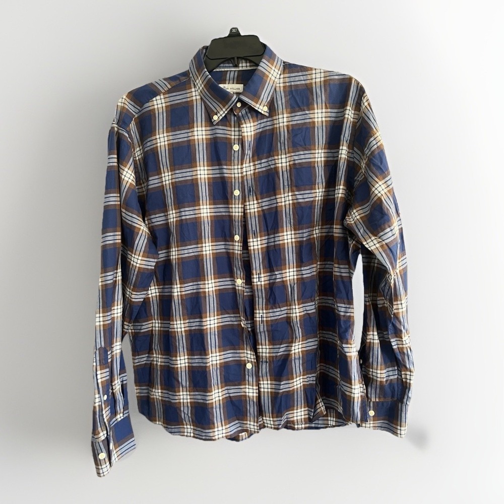 Peter Millar Men's XL Blue Brown White Plaid Long Sleeve Button Down Shirt